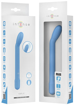 Blauer silikon g-punkt-stimulator karlie in weißer intense markenverpackung für gezielte stimulation