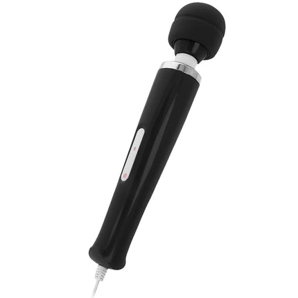 Schwarzer silikon bedeckter keanu wand massager mit silbernem akzentband und power taste