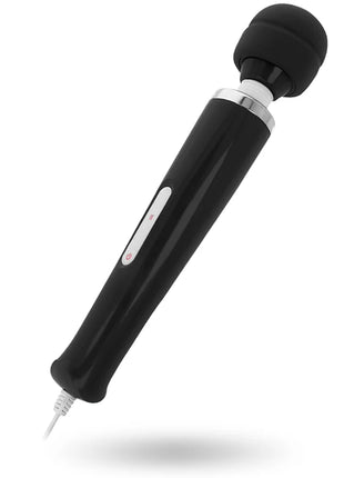 Schwarzer intens wand massager mit silikongriff ergonomischem design und silbernem akzentband