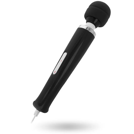 Schwarzer intens wand massager mit silikongriff ergonomischem design und silbernem akzentband