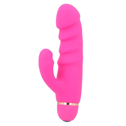 Helle pinke silikon vibrator in Hasenform mit goldfarbener metallband und 20 geschwindigkeiten