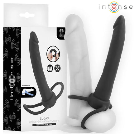 Schwarzer silikon penisring mit hodenring für gleichzeitige anale und vaginale stimulation aus superweichem silikon von intense lucas