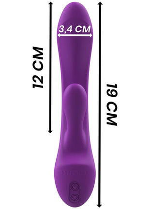 Lila silicone vibrator mit ergonomischem gebogenem design und zwei steuerungstasten am fuß flüssiges silikon