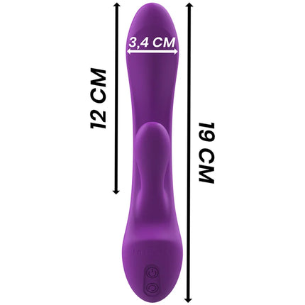 Lila silicone vibrator mit ergonomischem gebogenem design und zwei steuerungstasten am fuß flüssiges silikon