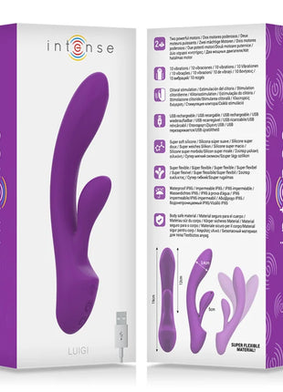 Purple silicone vibrator luigi rabbit with ergonomic curved design and dual vibrating heads for intense stimulation