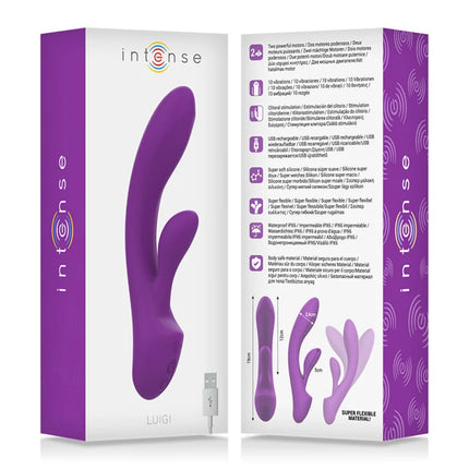 Purple silicone vibrator luigi rabbit with ergonomic curved design and dual vibrating heads for intense stimulation