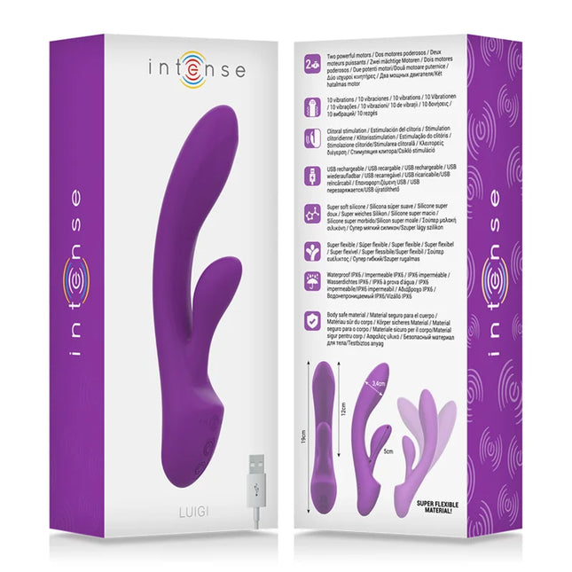 Purple silicone vibrator luigi rabbit with ergonomic curved design and dual vibrating heads for intense stimulation