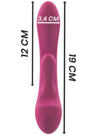 Ein schlanker magentafarbener silikonvibrator luigi rabbit mit ergonomischem design und zwei steuerknöpfen am sockel