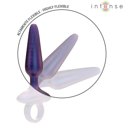 Lila und durchscheinender silikon analstecker mit weißem ringfuß, marke intense, modell 4 mit fernbedienung