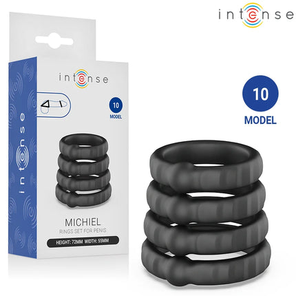 Set aus zehn schwarzen silikonringen für den penis modell michiel von Intense für intensiven gebrauch