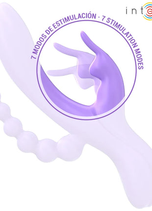 Lavendelfarbener silikon vibrator miko dreifach vibrator mit gebogenem griff, abgerundetem kopf und perlenartigem schwanz