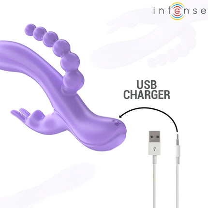 Intense Miko Dreifachvibrator rabbit in lila mit silikon, gebogener form, perlenstruktur und usb-ladegerät