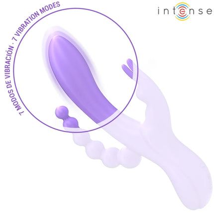 Intense miko dreifachvibrator rabbit aus lila silikon mit gebogenem griff und perlenstruktur sichtbar mit intense logo