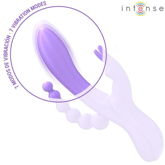 Intense miko dreifachvibrator rabbit aus lila silikon mit gebogenem griff und perlenstruktur sichtbar mit intense logo