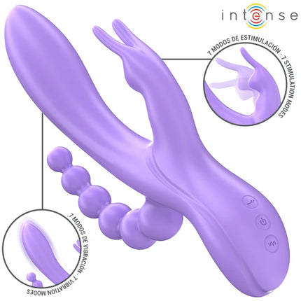 Lila intense mikro dreifachvibrator mit dualem design aus glänzendem silikon und kugelperlen an einem ende