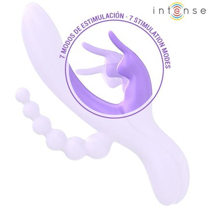 Lila silikon intens miko dreifachvibrator mit gebogenem griff, abgerundetem kopf und perlenstrukturierter spitze