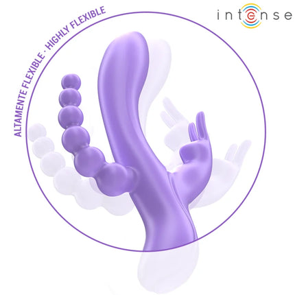 Lila silikon dreifachvibrator miko mit gebogenem griff, segmentierten perlen und fingerartigen hervorhebungen