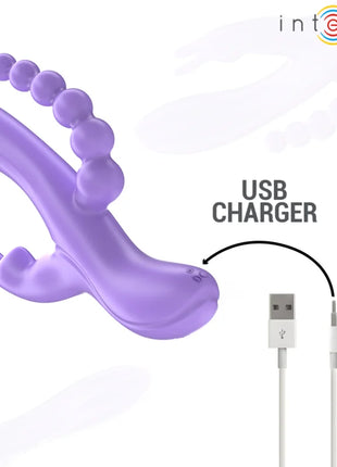 Lila intensiver miko dreifachvibrator aus silikon mit gebogenem schaft, perlenstruktur und usb-ladegerät