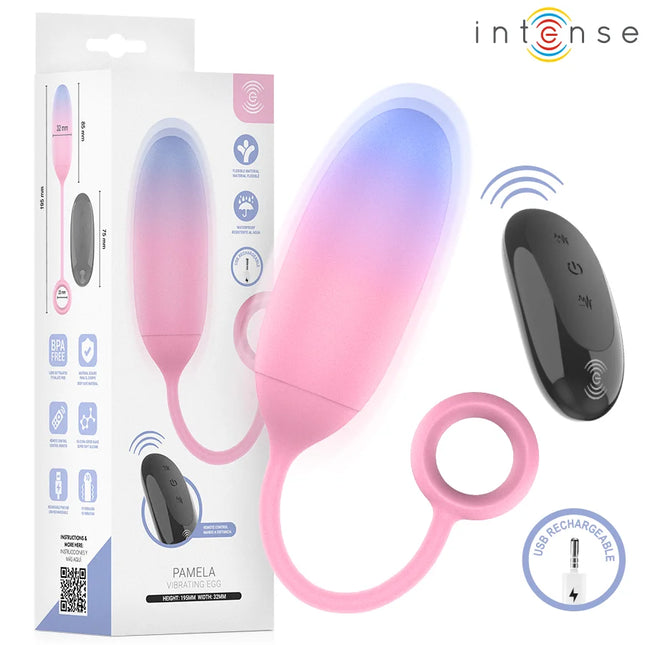 Intense pamela gradient g-punkt vibrator rosa mit vibrierendem ei und passendem ring bei blau-pinkem lichteffekt