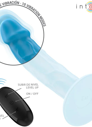 Blauer silikonvibrator mit zehn vibrationsmodi und schwarzer fernbedienung zur intensitätssteuerung