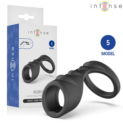 Schwarzer silikon verstellbarer penisring modell 5 von Intense mit geschwungener form für zusätzliche stimulation