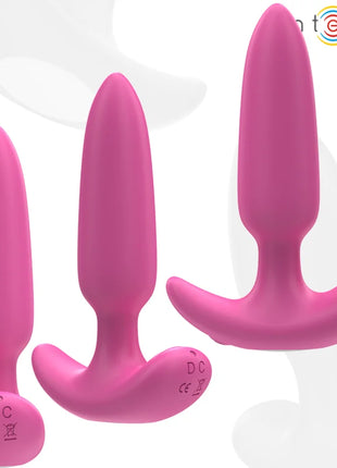 Set aus drei pinken silikon analplugs mit ergonomischer basis und 10 vibrationseinstellungen fernbedienbar