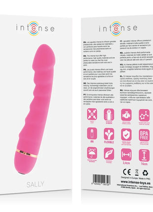 Pinkes silikonspielzeug mit goldfarbenem metallring und marke intense sally mit 20 geschwindigkeiten