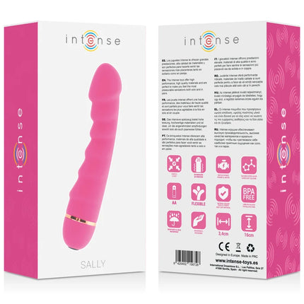 Pinkes silikonspielzeug mit goldfarbenem metallring und marke intense sally mit 20 geschwindigkeiten