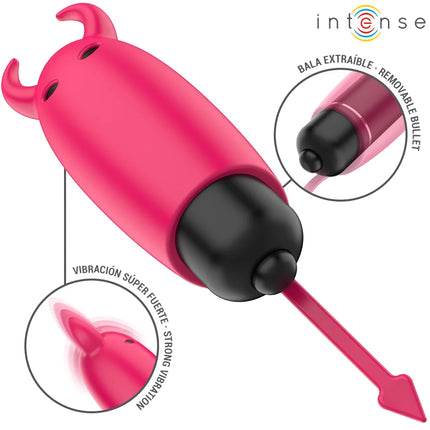 Pink silikon pig-förmiger vibrator mit schwarzer abnehmbarer kugelspitze und pfeilförmigem aufsatz in red demon design