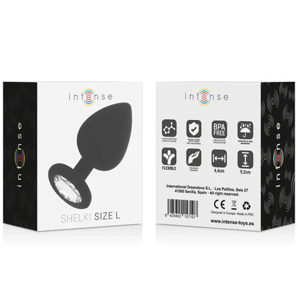 Intense shelki l anal plug schwarz aus schwarzem silikon mit klarem, facettiertem stein am fuß