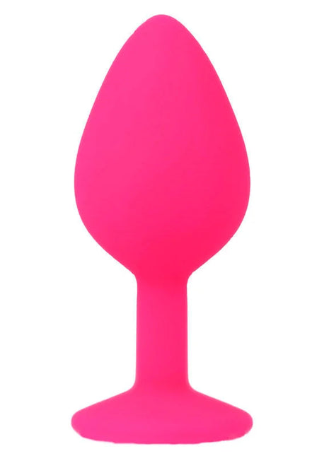 Ein intensiver fuchsianfarbener silikon-analplug shelki m mit glatter tropfenform und stabilem fuß