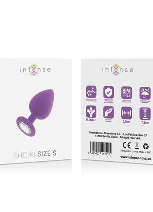 Lila silikon analplug mit klarem, facettiertem edelstein an der basis von intense shelki s plug analflieder