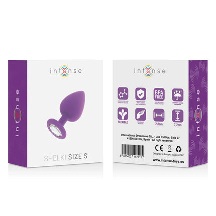 Lila silikon analplug mit klarem, facettiertem edelstein an der basis von intense shelki s plug analflieder
