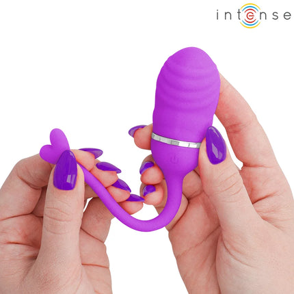 Intense sookie fernbedienungs-vibrationsei lila mit geripptem, eiförmigem körper und flexiblem herzgriff