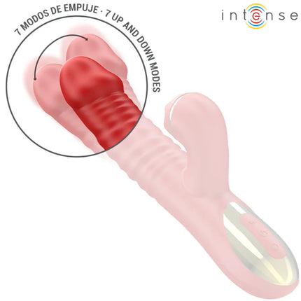 Intense thalia vibration stoss und tapping roter sexspielzeug aus pinkem silikon mit rotem strukturiertem kopf und silbernem bedienfeld
