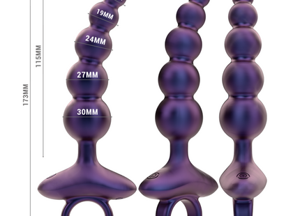 Set von drei lila beaded anal plugs in verschiedenen größen mit ring am base von intense mit fernbedienung