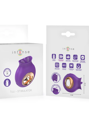 Lila silikon tuli klitorisstimulator mit goldfarbenem metallfuß von intense mit 9 vibrationen und 9 oszillationen