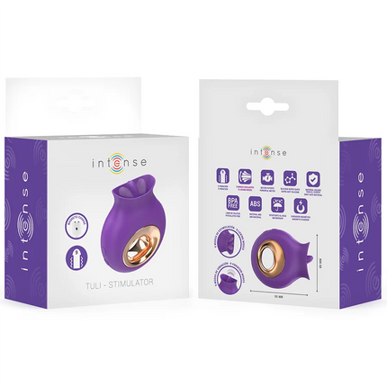 Lila silikon tuli klitorisstimulator mit goldfarbenem metallfuß von intense mit 9 vibrationen und 9 oszillationen