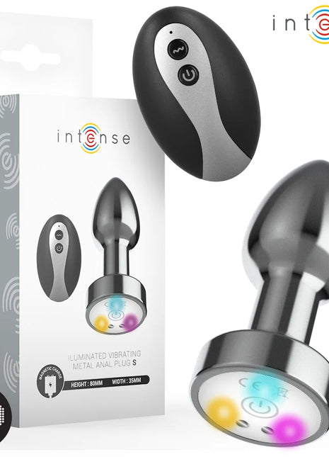 INTENSE - VIBRIERENDER ANALPLUG AUS METALL MIT LED-LEUCHTEN UND FERNBEDIENUNG - GRÖSSE S