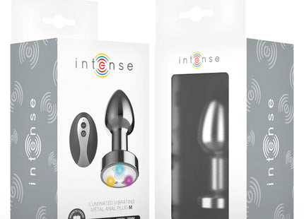 INTENSE - VIBRIERENDER ANALPLUG AUS METALL MIT LED-LEUCHTEN UND FERNBEDIENUNG - GRÖSSE M
