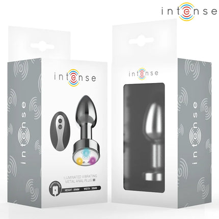 INTENSE - VIBRIERENDER ANALPLUG AUS METALL MIT LED-LEUCHTEN UND FERNBEDIENUNG - GRÖSSE M