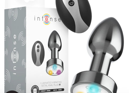 INTENSE - VIBRIERENDER ANALPLUG AUS METALL MIT LED-LEUCHTEN UND FERNBEDIENUNG - GRÖSSE M