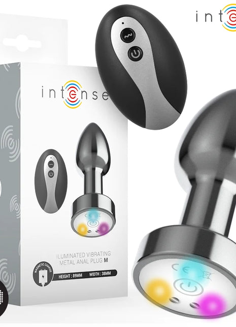 INTENSE - VIBRIERENDER ANALPLUG AUS METALL MIT LED-LEUCHTEN UND FERNBEDIENUNG - GRÖSSE M