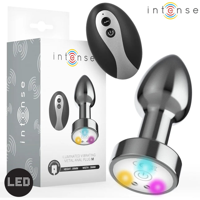 INTENSE - VIBRIERENDER ANALPLUG AUS METALL MIT LED-LEUCHTEN UND FERNBEDIENUNG - GRÖSSE M