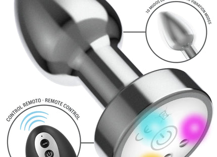 INTENSE - VIBRIERENDER ANALPLUG AUS METALL MIT LED-LEUCHTEN UND FERNBEDIENUNG - GRÖSSE M