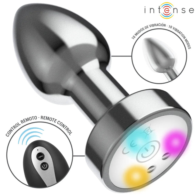 INTENSE - VIBRIERENDER ANALPLUG AUS METALL MIT LED-LEUCHTEN UND FERNBEDIENUNG - GRÖSSE M