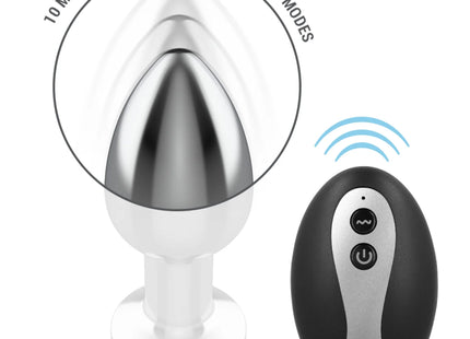 INTENSE - VIBRIERENDER ANALPLUG AUS METALL MIT LED-LEUCHTEN UND FERNBEDIENUNG - GRÖSSE M