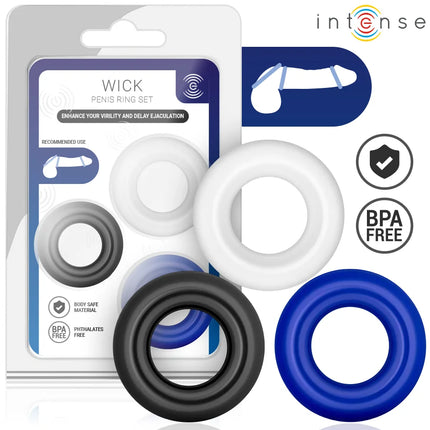 Intense wick set mit 3 penisringen in verschiedenen farben aus hochwertigem medizinischem silikon mit ergonomischem design