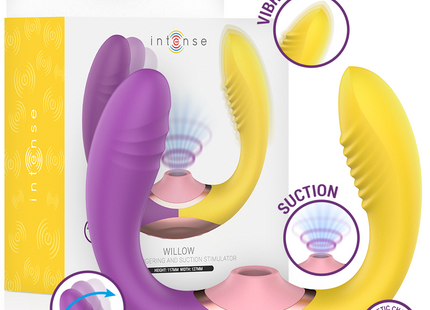 Der intense willow 3-in-1 saug- und vibrationsstimulator zeigt ergonomisches design mit lila und gelben silikonkörpern und pinken saugköpfen
