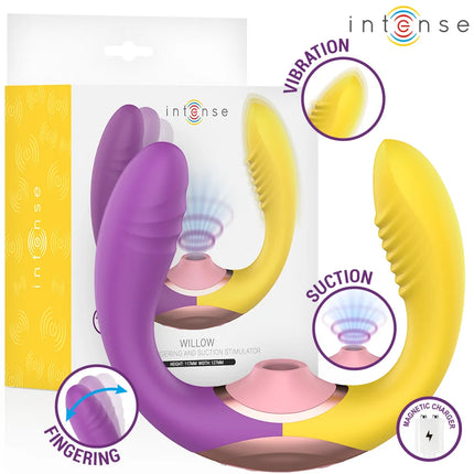 Der intense willow 3-in-1 saug- und vibrationsstimulator zeigt ergonomisches design mit lila und gelben silikonkörpern und pinken saugköpfen